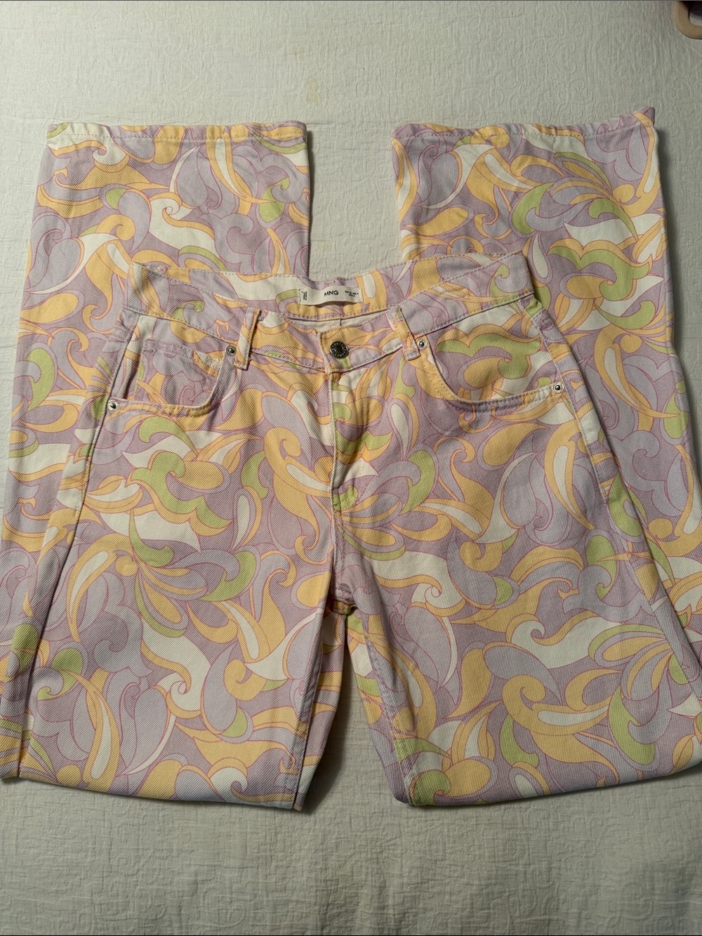 Retro Pastel Swirl Wide-Leg Jeans - Multicolor